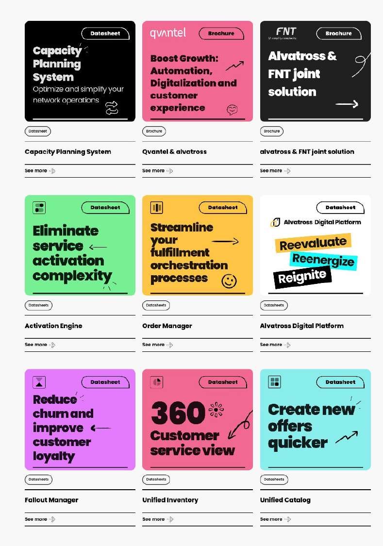 Mosaico de piezas de contenido de Alvatross: datasheets, ebooks y fichas de producto en los colores de su marca.