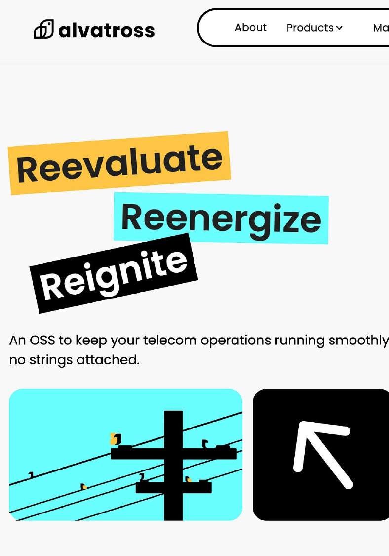 Portada de la web de Alvatross: «Reevaluate, Reenergize, Reignite» y el lema «An OSS to keep your telecom operations running smoothly, no strings attached».