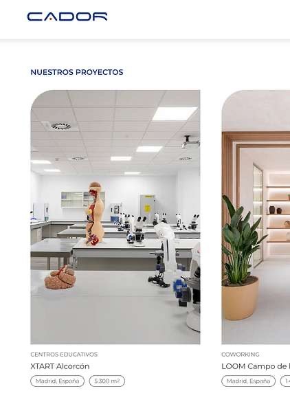Página «Nuestros proyectos» de la web de Cador, con fichas por proyecto: un centro educativo en Alcorcón y un coworking en Madrid.