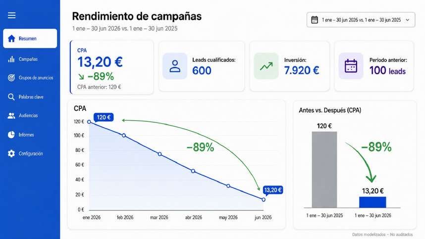 Panel «Rendimiento de campañas», 1 ene – 30 jun 2026 frente a 1 ene – 30 jun 2025: CPA de 13,20 € (−89 %; CPA anterior 120 €), 600 leads cualificados, inversión de 7.920 €, periodo anterior 100 leads, y gráficos del CPA bajando de 120 € a 13,20 €. Pie: «Datos modelizados · No auditados».
