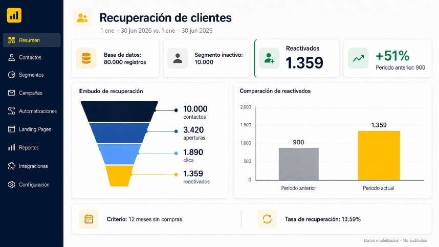 Panel «Recuperación de clientes», 1 ene – 30 jun 2026 frente a 1 ene – 30 jun 2025: base de datos de 80.000 registros, segmento inactivo de 10.000, 1.359 reactivados (+51 %; periodo anterior 900), embudo de 10.000 contactos, 3.420 aperturas, 1.890 clics y 1.359 reactivados; criterio 12 meses sin compras y tasa de recuperación del 13,59 %. Pie: «Datos modelizados · No auditados».