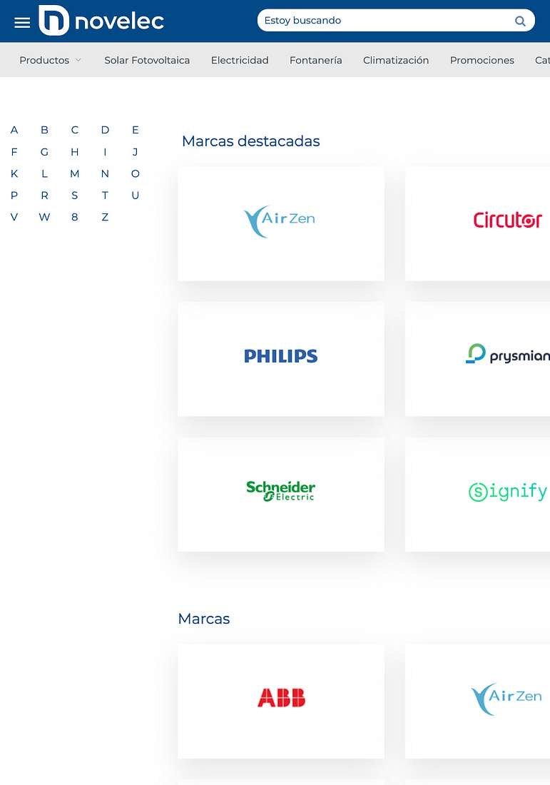 Sección «Marcas destacadas» de la web de Novelec, con los logotipos de fabricantes como Philips, Schneider Electric, Prysmian, Signify, Circutor y ABB.