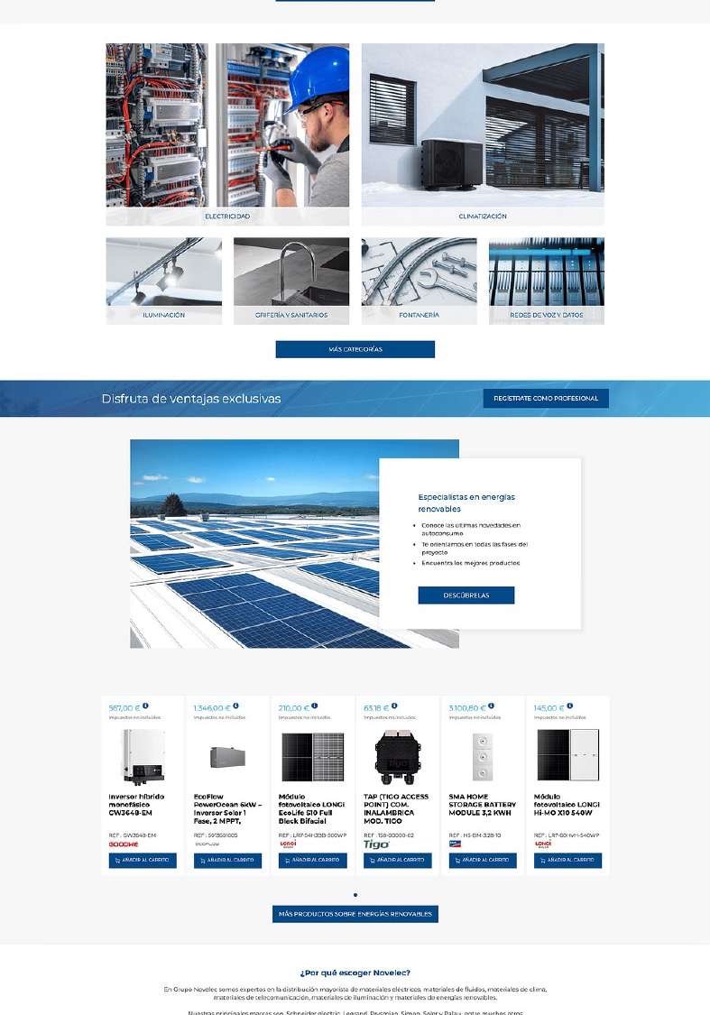 Página de la web de Novelec con categorías de producto, un bloque de soluciones fotovoltaicas y un listado de productos.