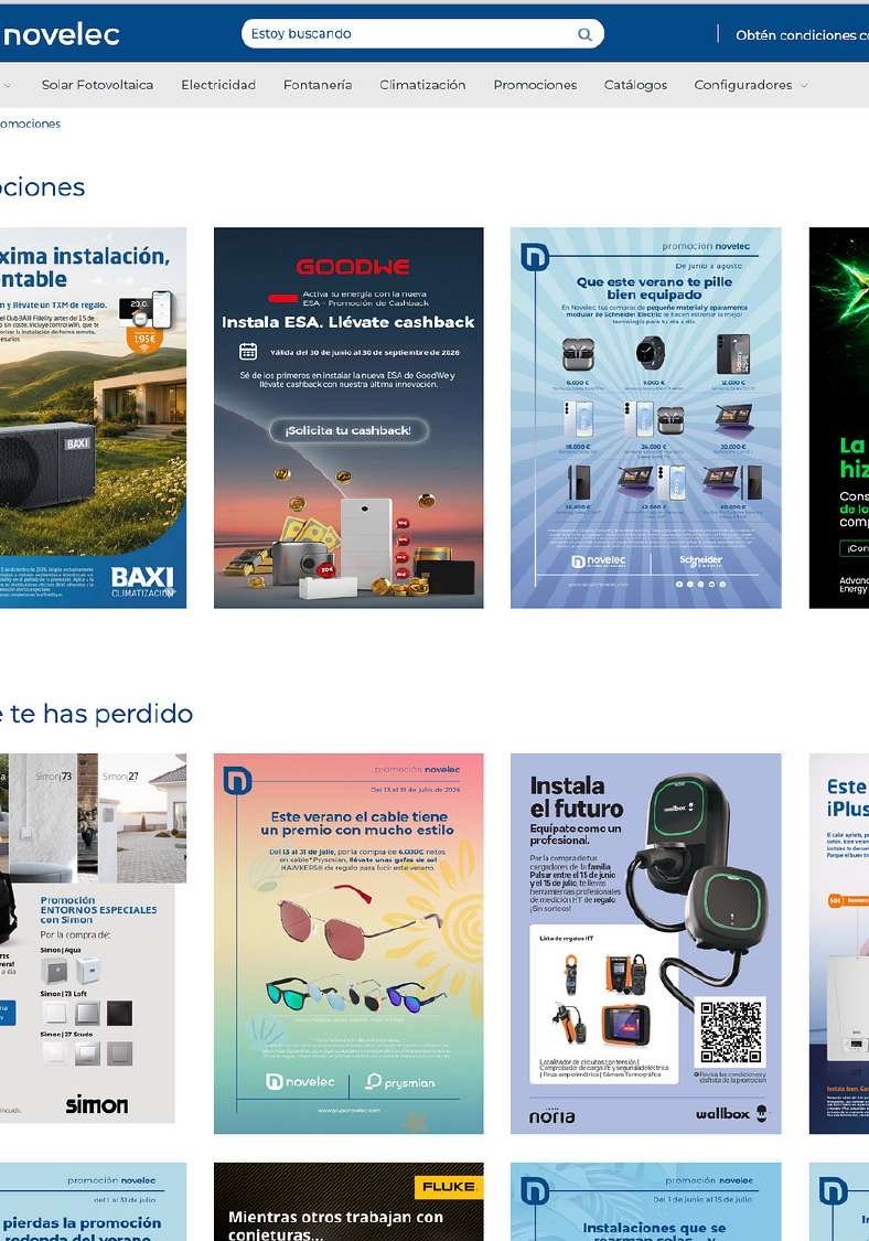 Página de promociones de la web de Novelec con carteles de ofertas de marcas del sector eléctrico y de climatización.